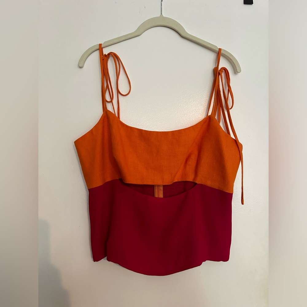 Reformation cut out color block crepe cami with tie straps